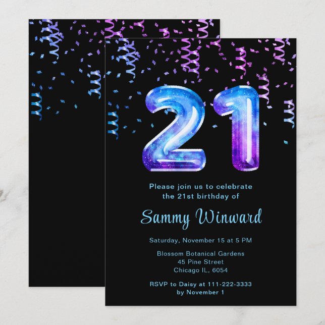 21. Geburtstag Galaxy Balloons mit Confetti Einladung (Vorne/Hinten)
