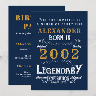 21. Geburtstag Geboren 2002 Blue Gold Retro Legend Einladung