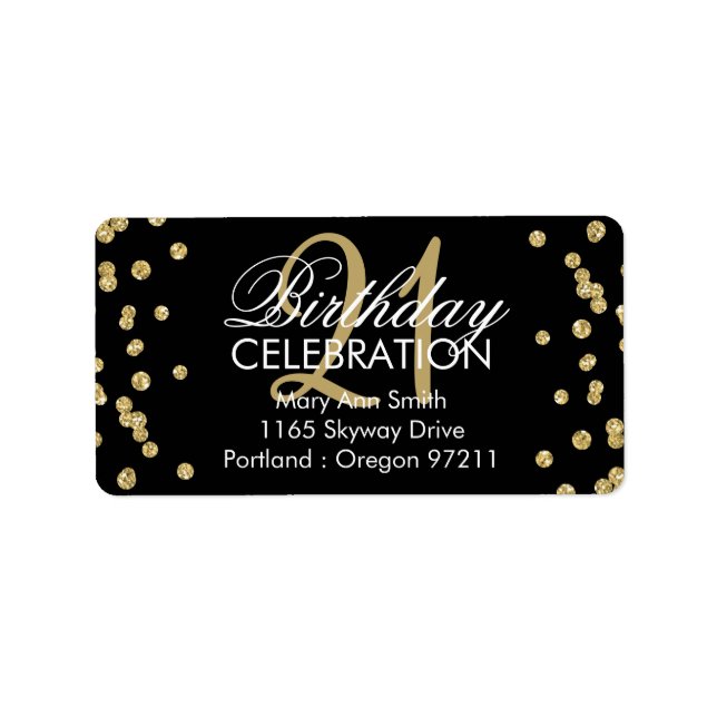 21. Geburtstag Gold Glitzer Confetti Black Adressaufkleber (Vorne)