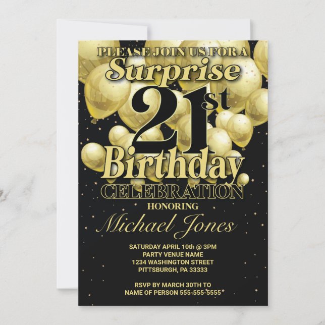 21. Geburtstag Golden Balloons Einladung (Vorderseite)