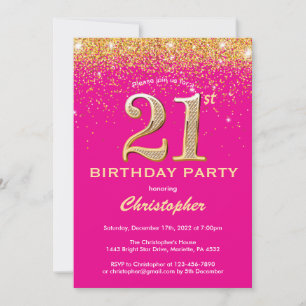 21. Geburtstag Hot Pink und Gold Glitzer Confetti Einladung