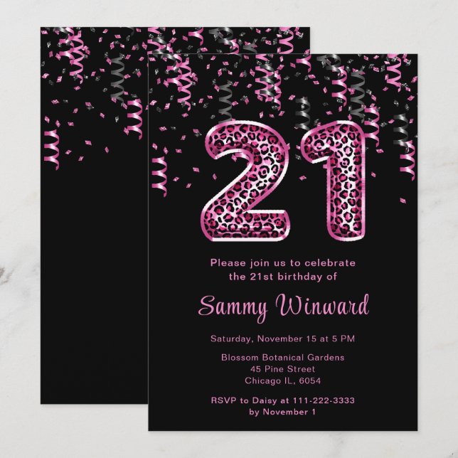 21. Geburtstag Leopard Print Balloons mit Confetti Einladung (Vorne/Hinten)