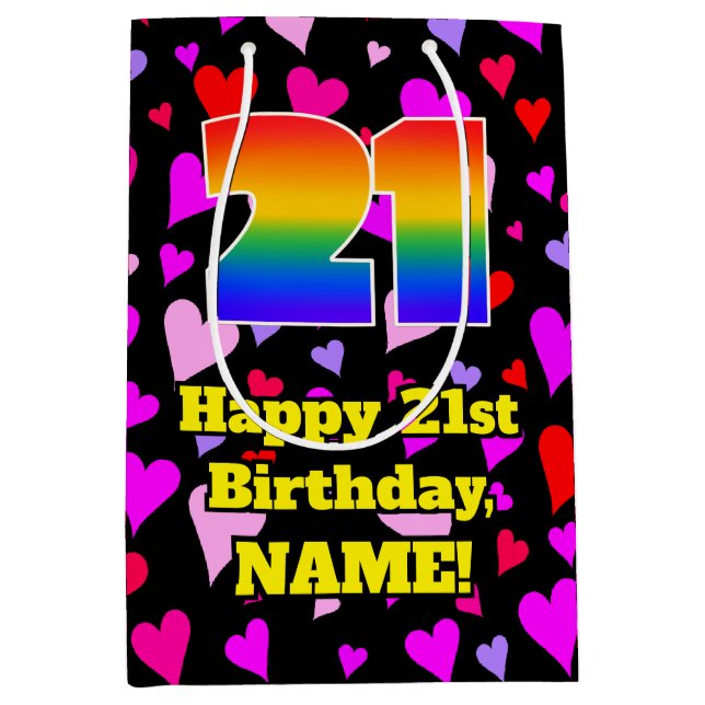 21. Geburtstag: Liebesherzen Muster, Regenbogen #  Mittlere Geschenktüte (Vorderseite)