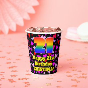 21. Geburtstag: Loving Hearts Pattern, Regenbogen Pappbecher