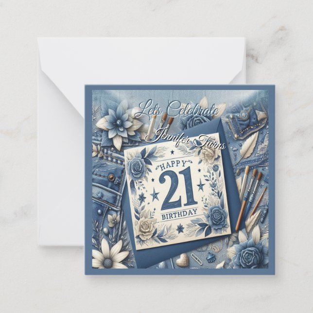 21. Geburtstag Mandelblüte blau-creme Mitteilungskarte (Vorderseite)