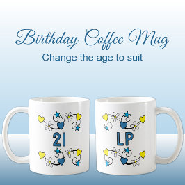 21. Geburtstag Meilenstein-Age Initialen blau gelb Kaffeetasse