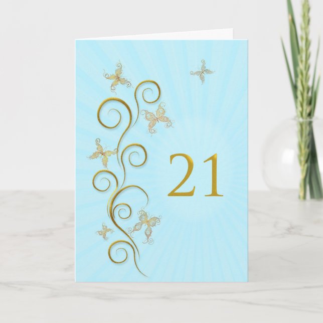 21. Geburtstag mit goldenen Schmetterlingen Karte (Vorderseite)