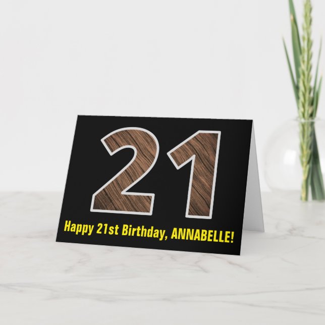 21. Geburtstag: Name + Imitate Holzkörnchen Muster Karte (Vorderseite)