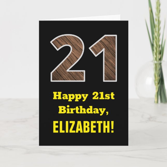 21. Geburtstag: Name, Imitate Holzkörnchen Muster  Karte (Vorderseite)