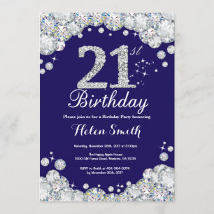 21. Geburtstag Navy Blue und Silver Diamond Einladung
