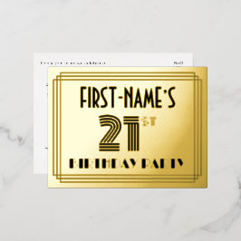 21. Geburtstag Party ~ Art Deco Stil "21" + Name Folie Einladungspostkarte