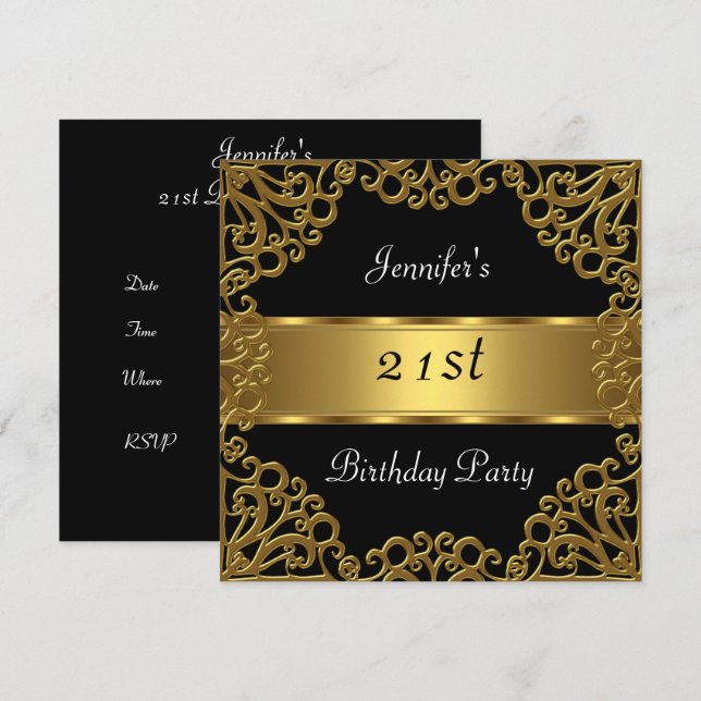 21. Geburtstag Party Black Gold Einladung (Vorne/Hinten)