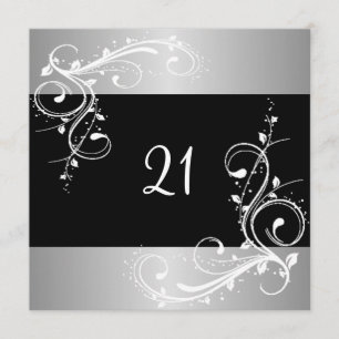 21. Geburtstag Party Black Silver White Floral Einladung