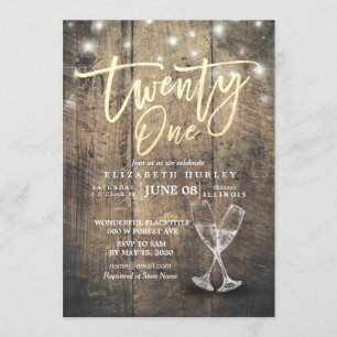 21. Geburtstag Party Champagner Brille Wood Lights Einladung