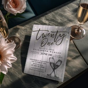 21. Geburtstag Party Champagner Brille Wood Lights Einladung