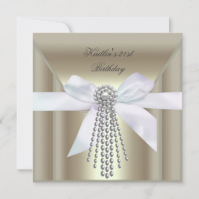 21. Geburtstag Party Cream Gold Pearl Jewel Einladung (Vorderseite)