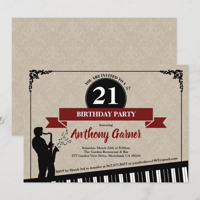 21. Geburtstag Party Einladung Jazz Musikthema (Vorne/Hinten)