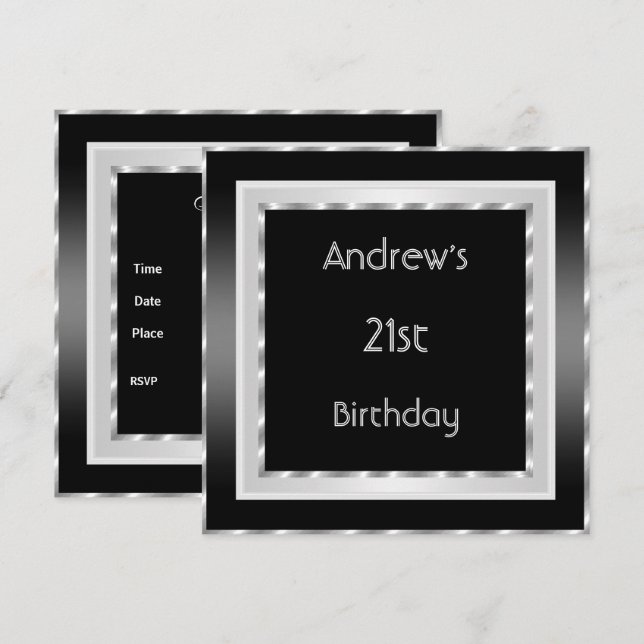 21. Geburtstag Party Elegant Schwarz-weiße Silberm Einladung (Vorne/Hinten)