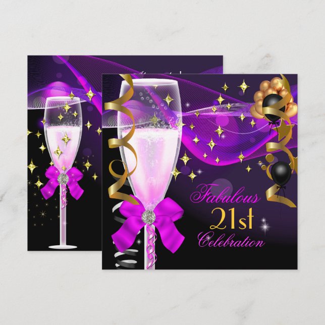 21. Geburtstag Party Fabulous Pink Lila Champagner Einladung (Vorne/Hinten)