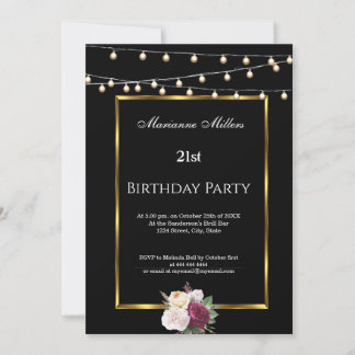 21. Geburtstag Party Fairy Lights Rose Schwarz Einladung