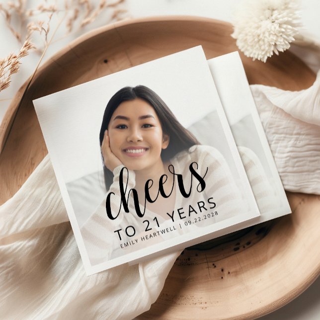 21. Geburtstag Party Foto Black Script Cheers Serviette (Von Creator hochgeladen)