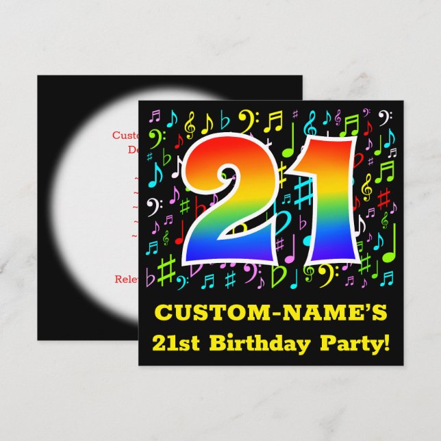 21. Geburtstag Party: Fun Music Symbols, Regenboge Einladung (Vorne/Hinten)