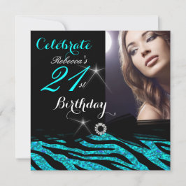 21. Geburtstag Party Glitzer Aquamarin Blue Zebra Einladung