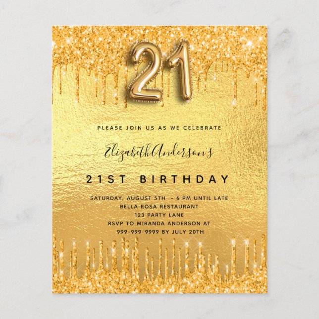 21. Geburtstag Party Gold Glitzer Einladung (Vorderseite)
