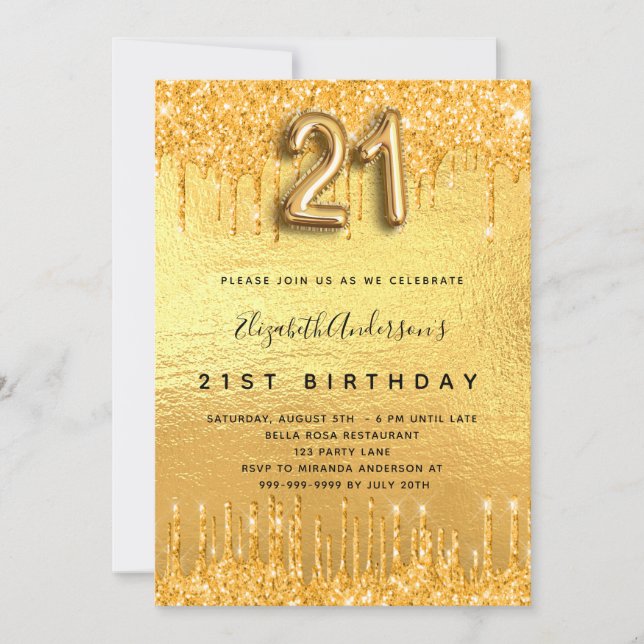 21. Geburtstag Party Gold Glitzer Tropfen Einladung (Vorderseite)