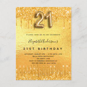 21. Geburtstag Party Gold Glitzer Tropfen Einladungspostkarte