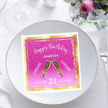 21. Geburtstag Party heiß rosa Goldjubeln Serviette<br><div class="desc">Eine Serviette für ein elegantes mädchenhaftes und weibliches Party zum 21. Geburtstag. Vorlagen für einen Namen,  21 Jahre,  Geburtsdatum und Geburtstag. Weiße Buchstaben. Rosa Farbverlauf und ein goldener Rahmen für Imitate. Moderne handgeschriebene Schrift und der Text: Happy Birthday und Cheers (x2) Dekoriert mit zwei Gläsern,  Flöten und rosa Konfetti.</div>