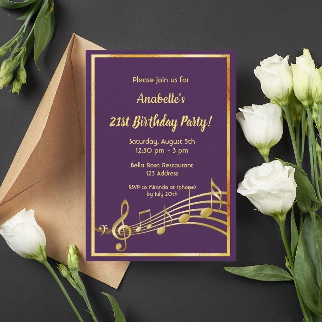 21. Geburtstag Party lila Goldgold-Musiknoten Einladung (Von Creator hochgeladen)
