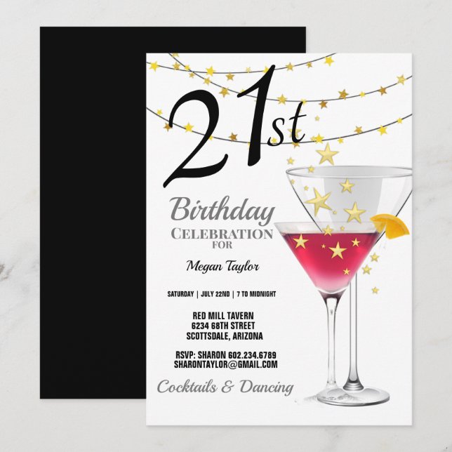 21. Geburtstag Party, Martini Glasses Gold Glitzer Einladung (Vorne/Hinten)