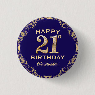 21. Geburtstag Party Navy Blue and Gold Glitzer Button