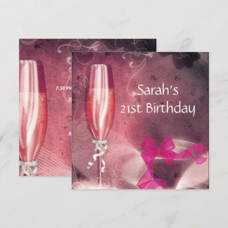 21. Geburtstag Party Pink Champagne Glass Bow 2 Einladung