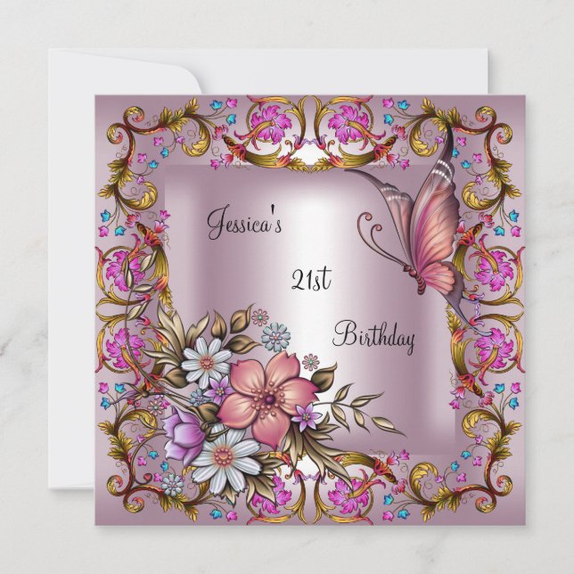 21. Geburtstag Party Rosa Blütenschmetterling Einladung (Vorderseite)