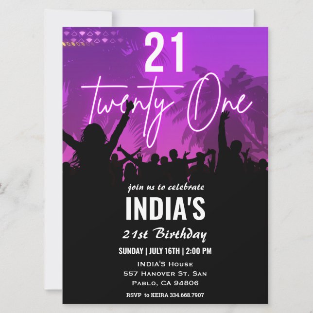 21. Geburtstag Party Rosa Neon Einladung (Vorderseite)