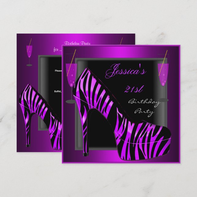 21. Geburtstag Party Schuhe Lila Black Zebra Einladung (Vorne/Hinten)
