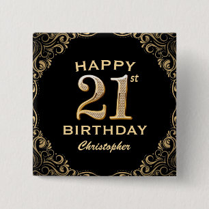 21. Geburtstag Party Schwarz und Gold Glitzer Rahm Button