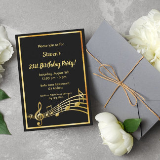 21. Geburtstag Party Schwarz und Gold Musiknoten Einladung