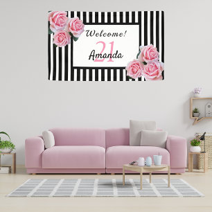 21. Geburtstag Party schwarze Streifen Blumenbezei Banner