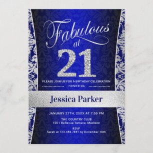 21. Geburtstag Party - Silver Royal Blue Einladung