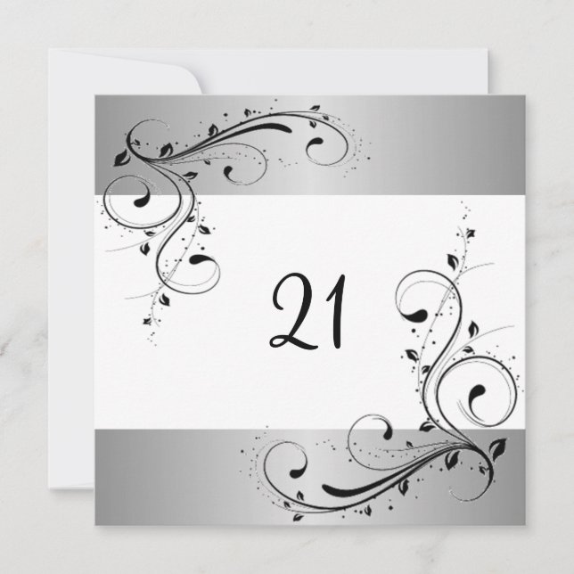 21. Geburtstag Party Weiß Silberschwarz Blüte Einladung (Vorderseite)