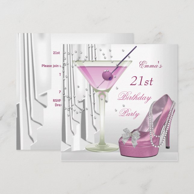 21. Geburtstag Party Weißrosa Martini Perlenschuh Einladung (Vorne/Hinten)