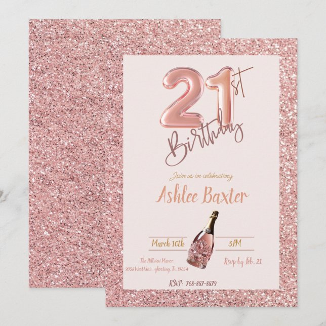 21. Geburtstag Pink Champange Pink Glitzer Einladung (Vorne/Hinten)