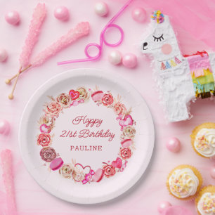 21. Geburtstag Pink Roses Wirbles Herz Pappteller