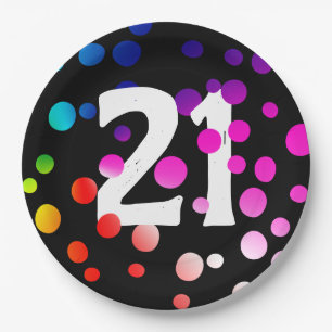 21. Geburtstag Rainbow Dots auf Black Pappteller