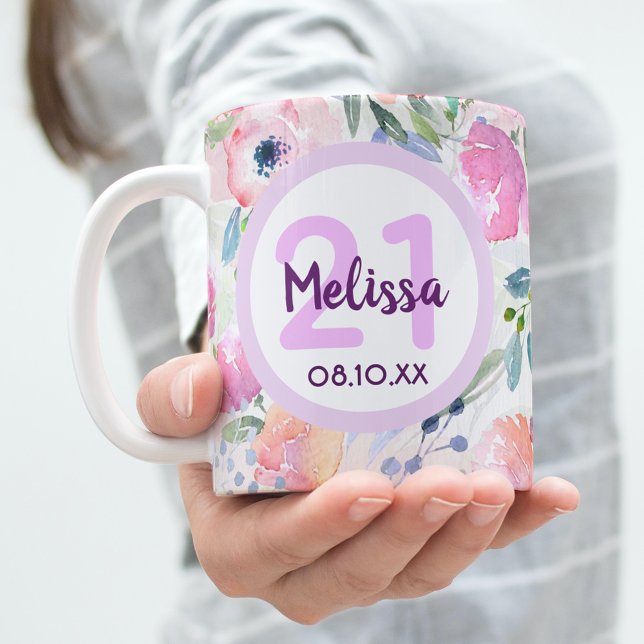 21. Geburtstag rosa Floralnamen Kaffeetasse (Von Creator hochgeladen)