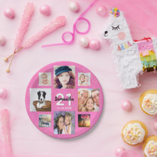 21. Geburtstag rosa Foto Collage Glitzer Pappteller