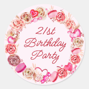 21. Geburtstag Rosa Rose Wirbel Herz Umschlag Runder Aufkleber